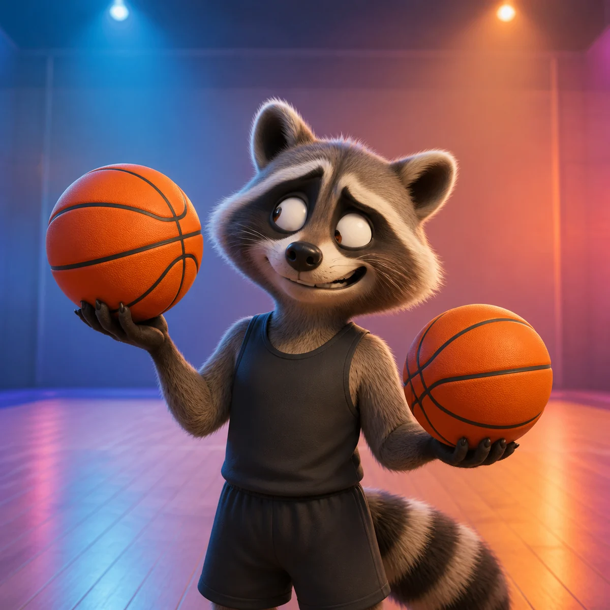Original 67 meme reaction template with a surprised raccoon holding two basketballs